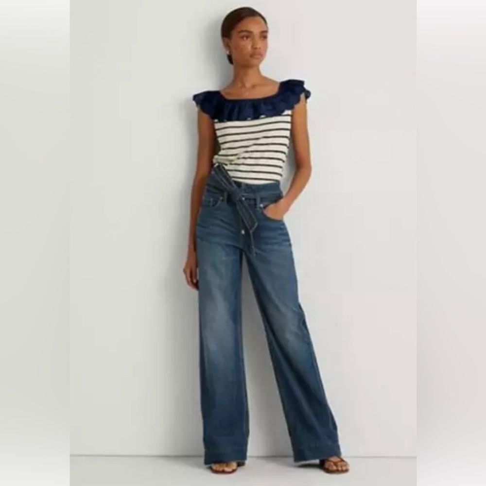Lauren Ralph Lauren Striped Eyelet Ruffle Top, Cap Sleeve Round Neck Size XL NWT - Picture 14 of 14